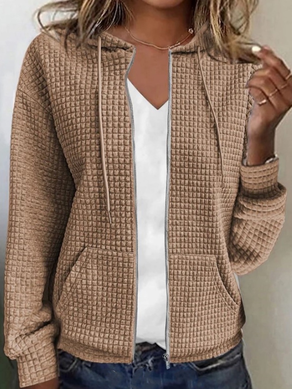 Waffle Knit Zip-Up Hoodie with Drawstring and Pockets